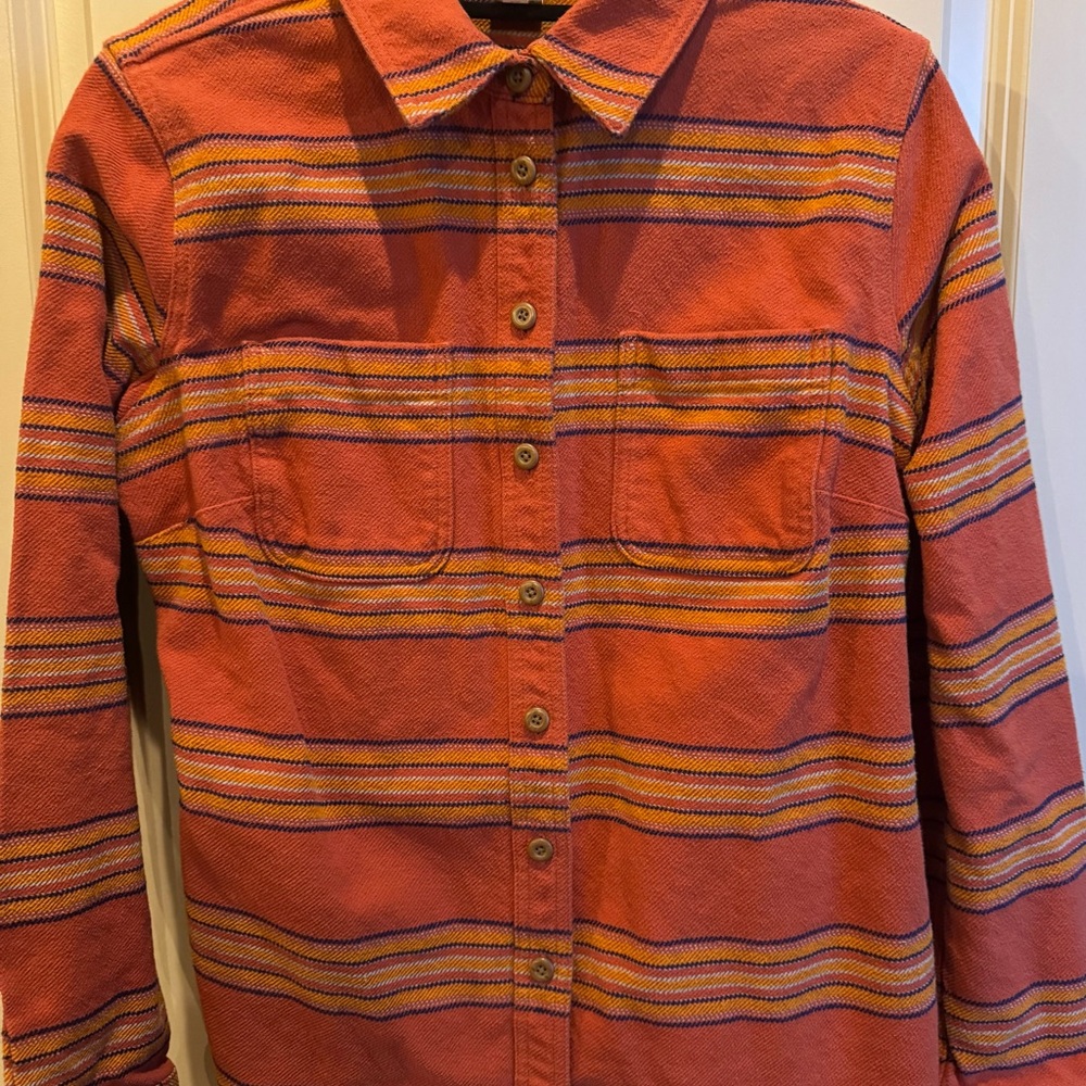 Duluth Trading Striped Orange Women’s shirt Size M